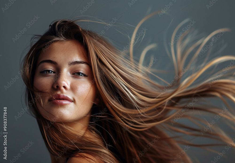 Fototapeta premium Gorgeous woman with long shiny hair in close-up portrait