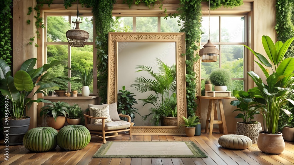 The Power of Plants: Wooden Frame in a Boho Greenery Haven Generative AI The Power of Plants: Wooden Frame in a Boho Greenery Haven Generative AI
