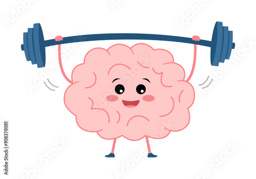 Human brain lifting dumbbell weights over head in flat design on white background. Healthy brain.