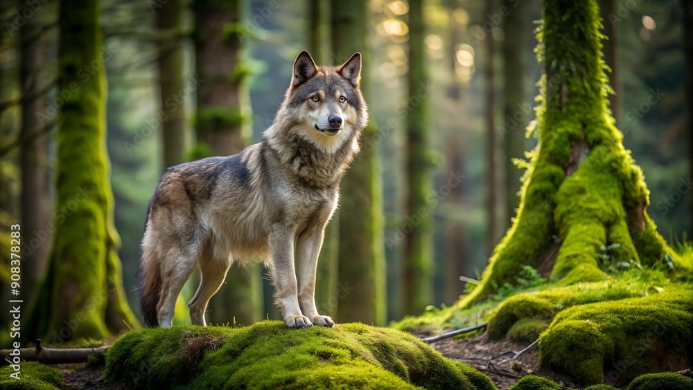 Naklejka premium Emerald Embrace: A Solitary Wolf Amidst the Ancient Forest AI generated