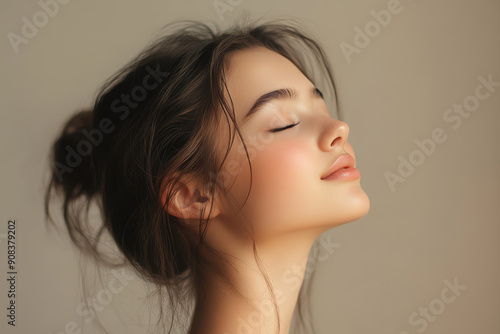 A close up of a girl's face with her eyes closed