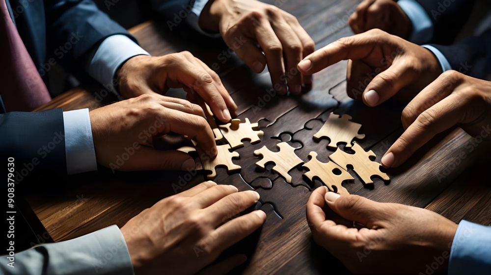 Create an AI-generated image of business people’s hands fixing puzzle pieces together on a dark brown desk. The close-up side view highlights teamwork, collaboration, finding solutions Create an AI-generated image of business people’s hands fixing puzzle pieces together on a dark brown desk. The close-up side view highlights teamwork, collaboration, finding solutions