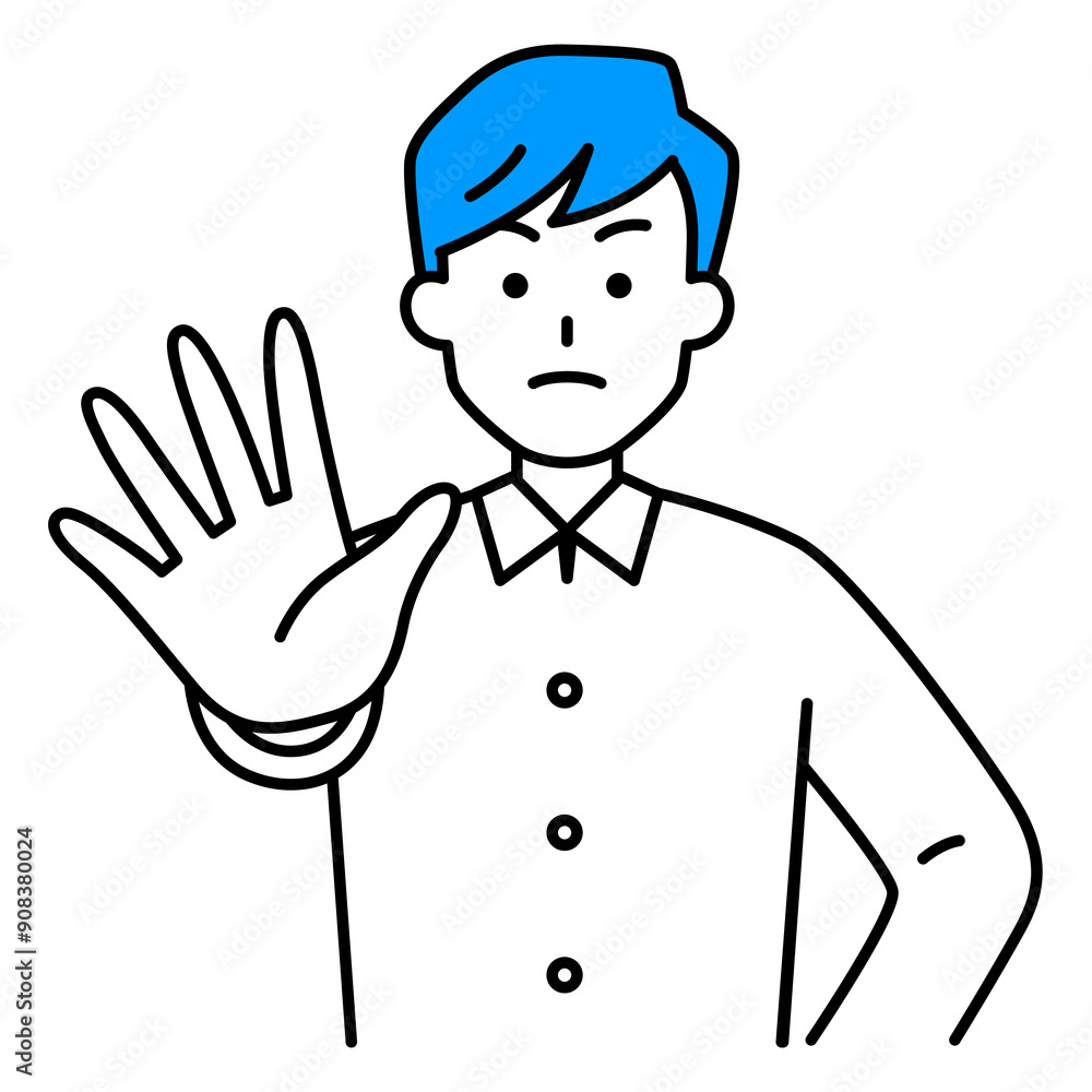 右手を前に出して拒否するカジュアルな男性