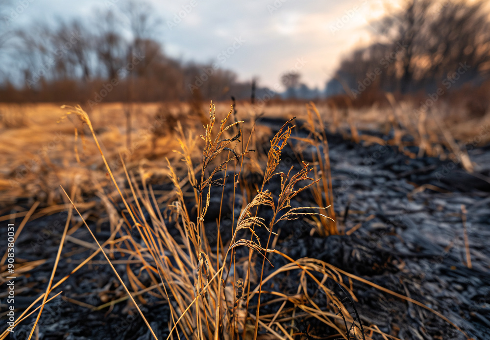 Fototapeta premium Charred grass close up with blurred field background, nature disaster
