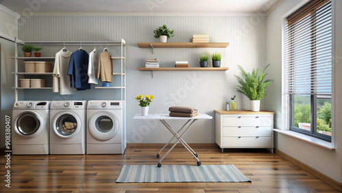 A clean and organized laundry room with washing machine, dryer, and ironing board, featuring a step-by-step guide on how to do laundry posted on the wall.