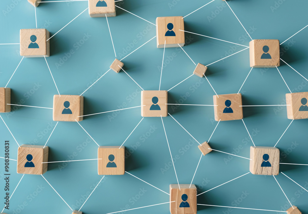 Human network connections concept with white lines, wooden shapes Human network connections concept with white lines, wooden shapes