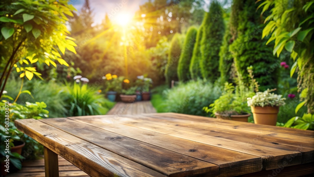 Sun-Drenched Serenity: A Rustic Wooden Table in a Garden Oasis Generative AI Sun-Drenched Serenity: A Rustic Wooden Table in a Garden Oasis Generative AI