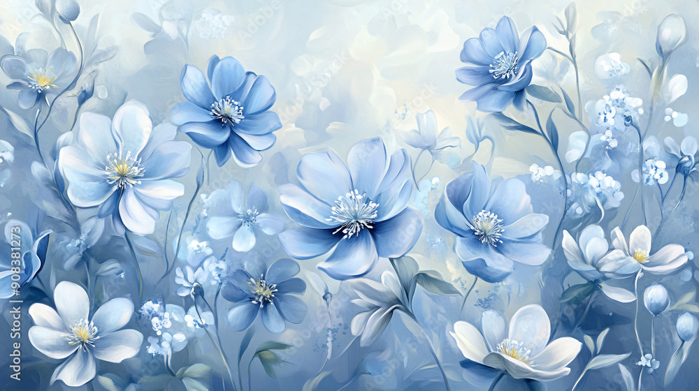 Delicate blue flowers illustration with long white petals Delicate blue flowers illustration with long white petals