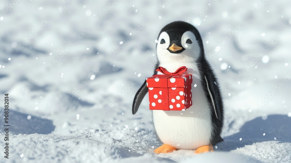 Fototapeta premium A cartoon penguin with a red scarf holding a present.