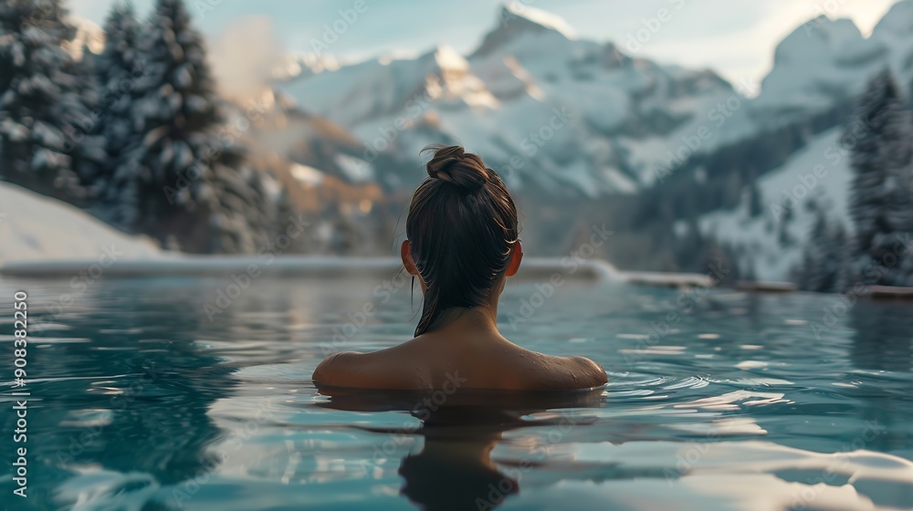 Rear view of tourist swimming in hot pool during winter Woman in swimwear looking at snowcapped mountains She is relaxing in luxurious hotel : Generative AI Rear view of tourist swimming in hot pool during winter Woman in swimwear looking at snowcapped mountains She is relaxing in luxurious hotel : Generative AI