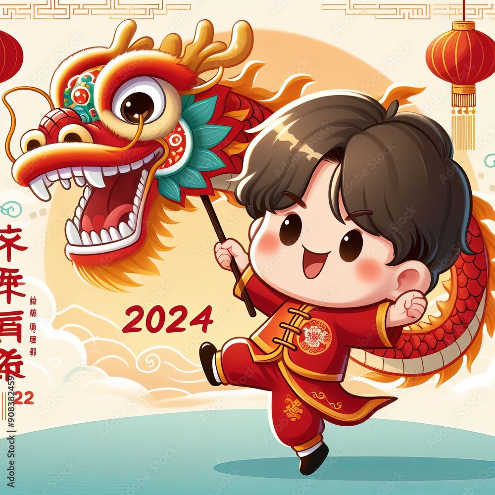 Naklejka premium Chinese new year of the dragon with Dragon dance. Generative Ai.