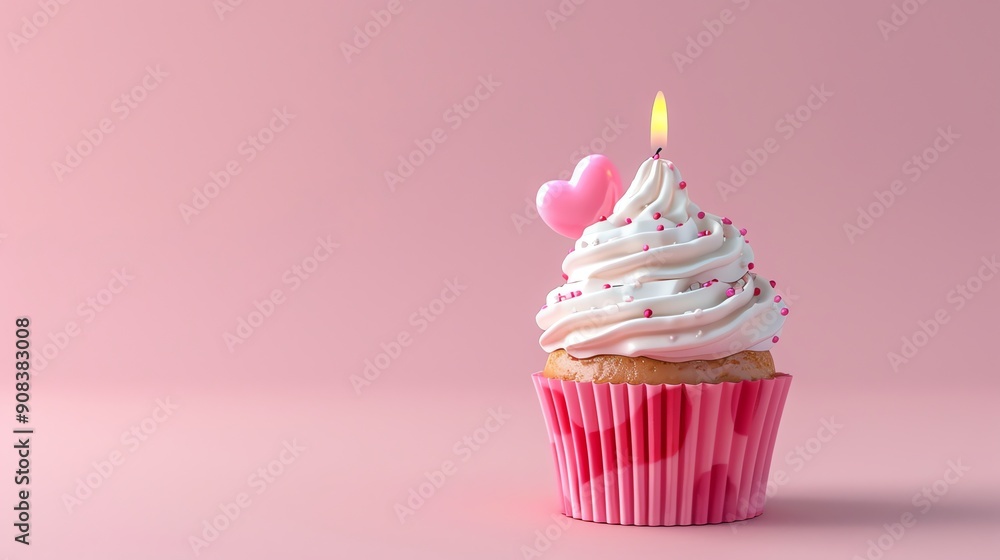 A pink cupcake with a heart on top and a lit candle. A pink cupcake with a heart on top and a lit candle.
