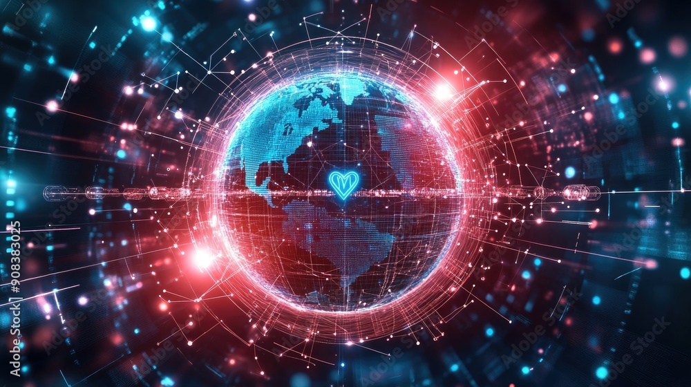 Obraz premium An abstract digital rendering of a globe surrounded by a shield, with interconnected lines and medical symbols, illustrating the protection offered by global health insurance