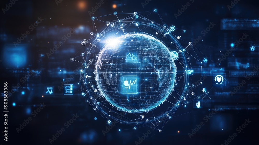 Obraz premium An abstract digital rendering of a globe surrounded by a shield, with interconnected lines and medical symbols, illustrating the protection offered by global health insurance