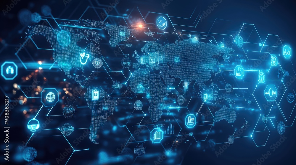 A conceptual image of a network of interconnected hexagons filled with healthcare and financial symbols, overlaid on a transparent map of the world, showcasing the global nature of life and health A conceptual image of a network of interconnected hexagons filled with healthcare and financial symbols, overlaid on a transparent map of the world, showcasing the global nature of life and health