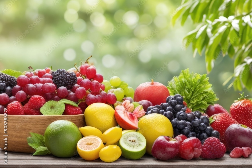 Fresh mixed fruits on a wooden table over a blurry nature background Fresh mixed fruits on a wooden table over a blurry nature background
