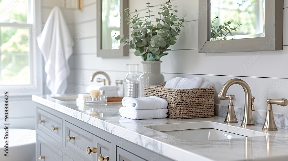 A luxurious renovated bathroom with a grey vanity rustic wood framed mirrors shiplap wall and chrome faucets and hardware : Generative AI A luxurious renovated bathroom with a grey vanity rustic wood framed mirrors shiplap wall and chrome faucets and hardware : Generative AI