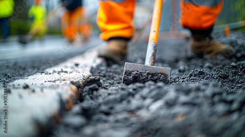 Groundworkers in hiviz using shovel leveling concrete kerbs on construction site : Generative AI