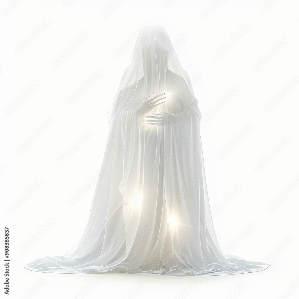 A mysterious spirit figure shrouded in soft white fabric, emanating a serene, ethereal glow, perfect for spiritual themes. A mysterious spirit figure shrouded in soft white fabric, emanating a serene, ethereal glow, perfect for spiritual themes.