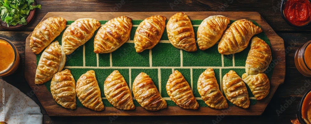 Football shaped empanadas arranged in the shape of a football field, creative display, Football Shaped Food, Football fest empanadas Football shaped empanadas arranged in the shape of a football field, creative display, Football Shaped Food, Football fest empanadas