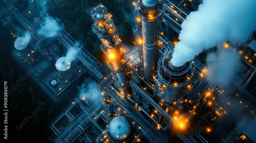 Fototapeta premium A large industrial plant with smoke coming out of it. The smoke is orange and yellow. The plant is surrounded by trees