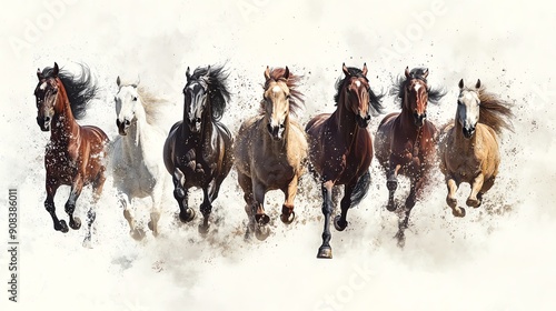 8 Horses running show speed and power, movements water color, High Resolution HD Ultra Sharpness No Alphabet No blur No spash No dust No grunge