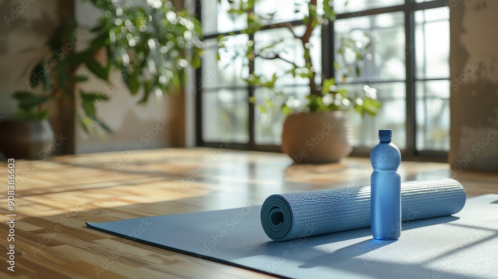 Yoga mat and water bottle on wooden floor with window behind. Yoga mat and water bottle on wooden floor with window behind.