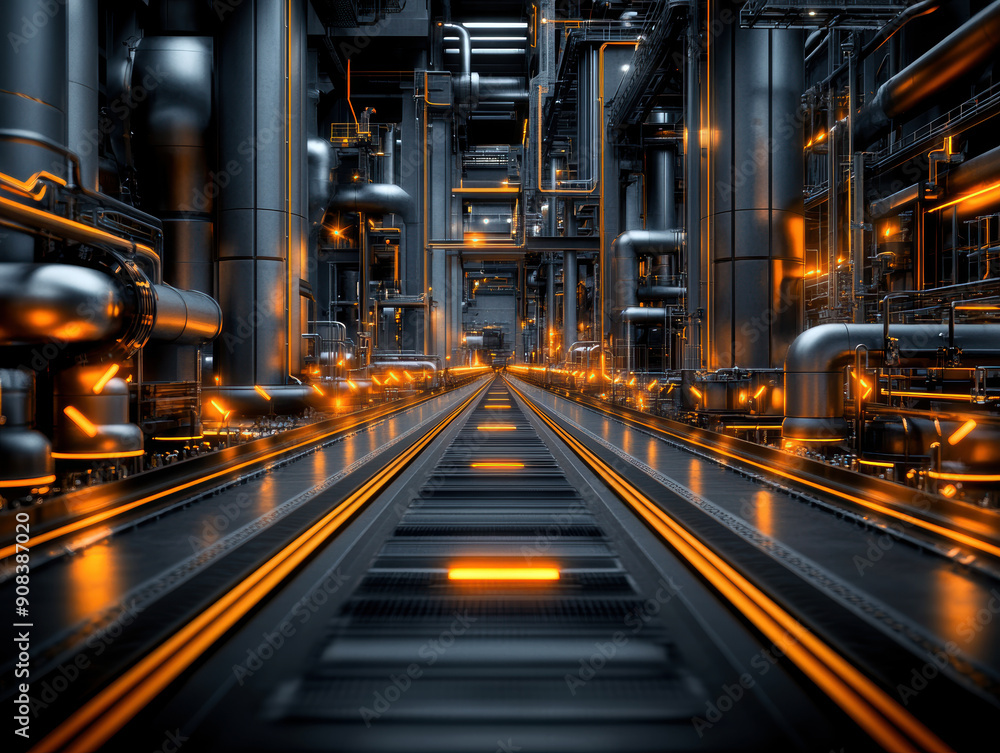 A futuristic industrial setting with a lot of pipes and machinery. The scene is illuminated with bright orange lights, giving it a futuristic and industrial feel A futuristic industrial setting with a lot of pipes and machinery. The scene is illuminated with bright orange lights, giving it a futuristic and industrial feel