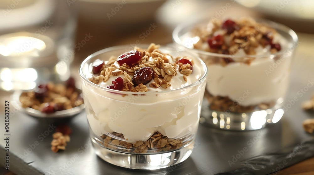 Yogurt parfait with granola and cranberries in a glass. Yogurt parfait with granola and cranberries in a glass.