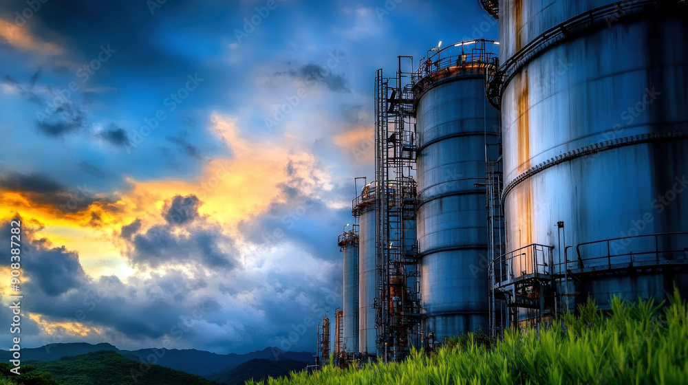 A group of tall blue tanks are in a field with a cloudy sky in the background. The sky is orange and pink, creating a moody atmosphere A group of tall blue tanks are in a field with a cloudy sky in the background. The sky is orange and pink, creating a moody atmosphere