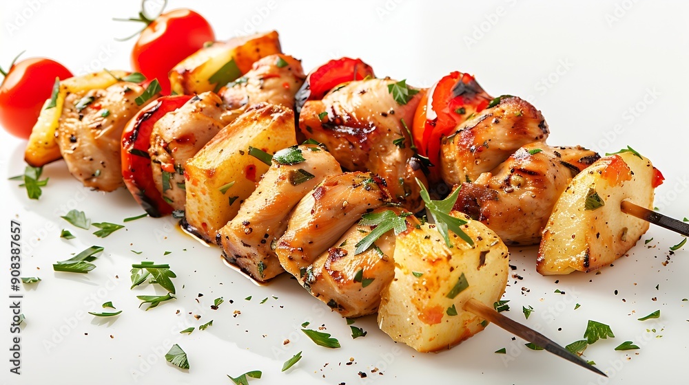 Raw chicken skewers with tomatoes and potatoes isolated on white background for your cafe or fast food menu design png format : Generative AI Raw chicken skewers with tomatoes and potatoes isolated on white background for your cafe or fast food menu design png format : Generative AI
