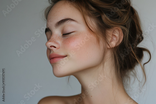 A close up of a girl's face with her eyes closed