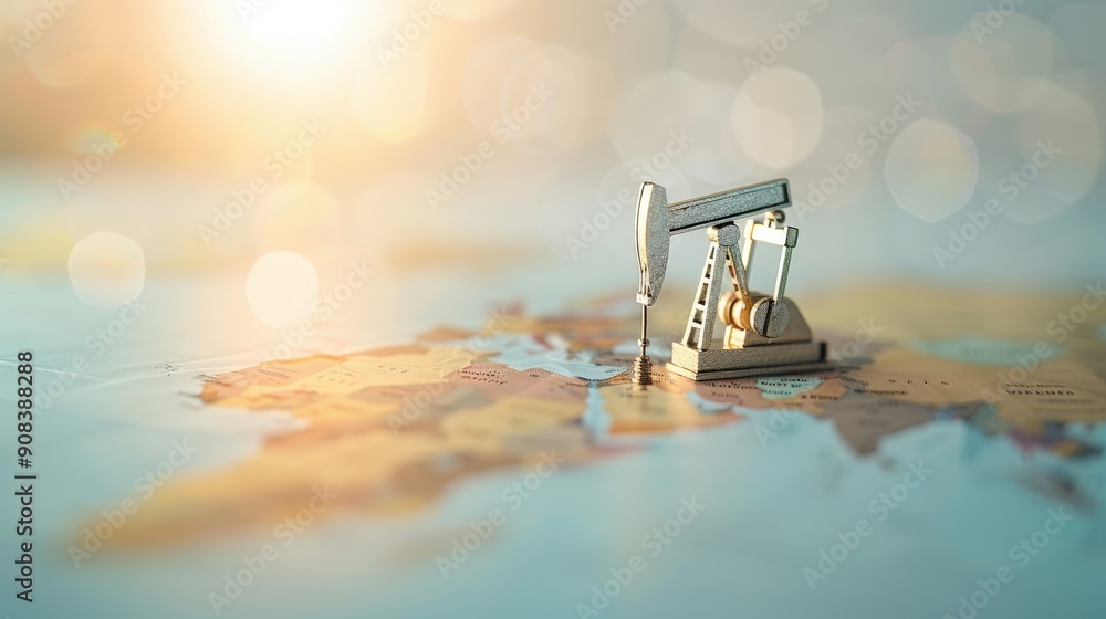Miniature oil rig placed on a world map, symbolizing global energy production and exploration. Miniature oil rig placed on a world map, symbolizing global energy production and exploration.