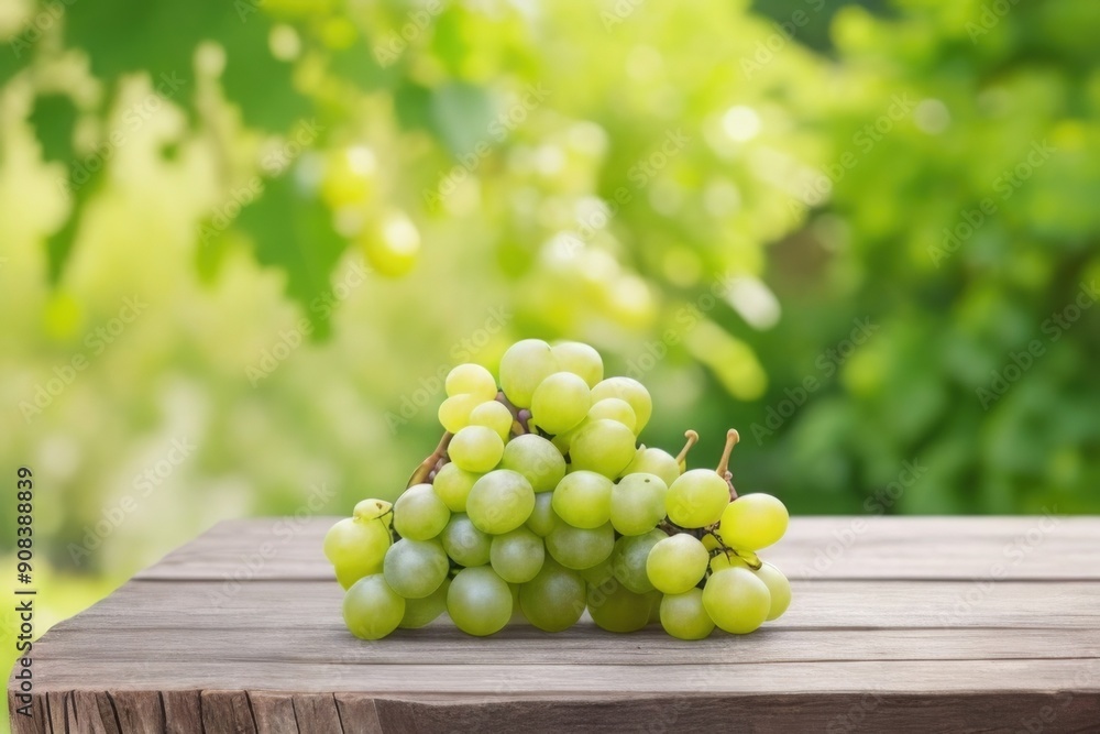 Green grapes on a wooden table over a blurry nature background Green grapes on a wooden table over a blurry nature background