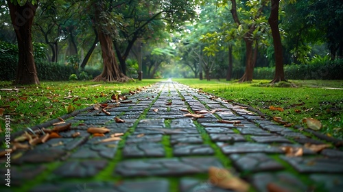 Empty park walkway lawn in Ramna Dhaka Bangladesh Nature forest Road concrete empty path : Generative AI photo