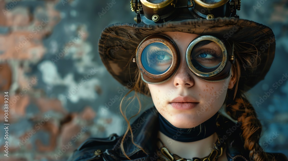Close up of a young woman in steampunk attire. Close up of a young woman in steampunk attire.