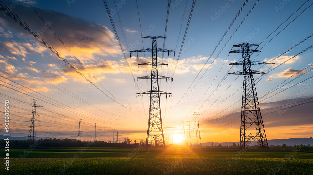 Fototapeta premium Sunset over lush field with towering power lines.