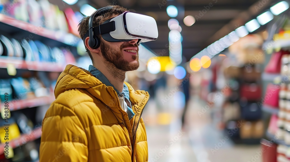A man is shopping in a store while wearing a VR headset. A man is shopping in a store while wearing a VR headset.