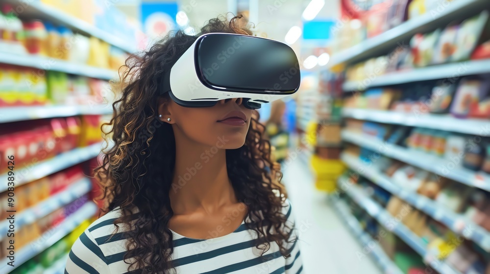 A woman wearing a VR headset walks through a supermarket aisle. A woman wearing a VR headset walks through a supermarket aisle.
