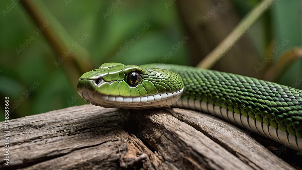 Vibrant Green Snake Curled on Branch Surrounded by Lush Jungle Vegetation Vibrant Green Snake Curled on Branch Surrounded by Lush Jungle Vegetation