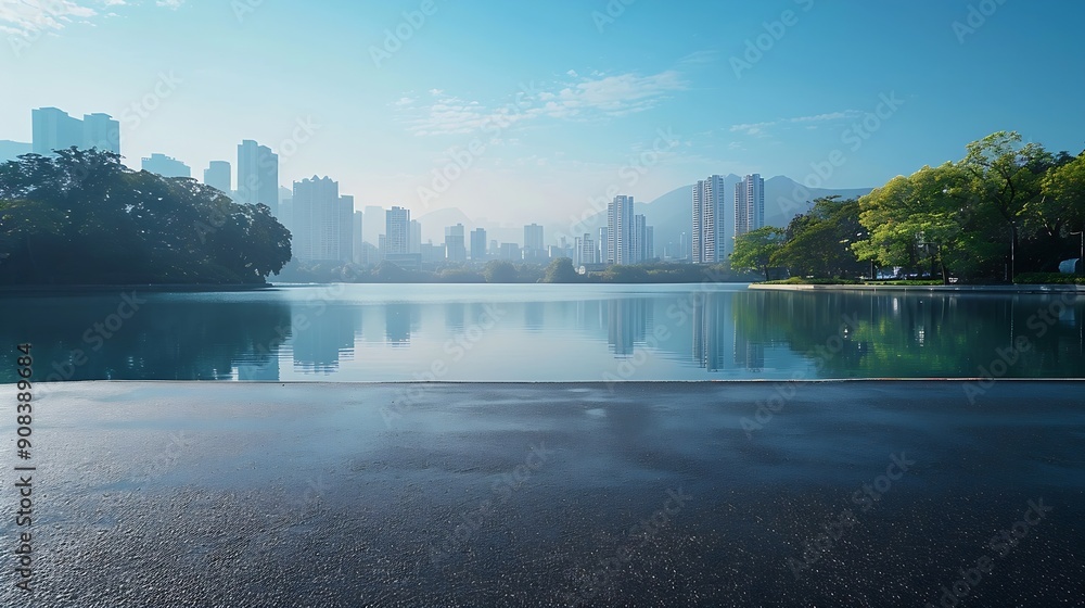 Obraz premium Asphalt road platform and lake with city skyline background : Generative AI