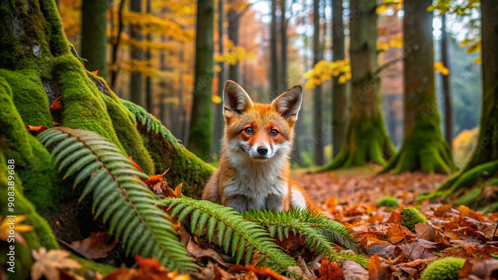 Obraz premium Vibrant autumn forest floor features a lush carpet of fallen leaves, moss, and ferns, with a small, curious red fox peeking out from behind a tree trunk.