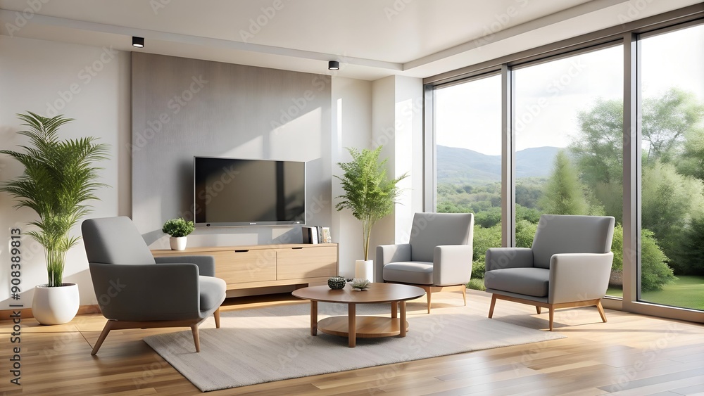 Minimalist Living Room with Grey Armchairs and a Large Window Generative AI Minimalist Living Room with Grey Armchairs and a Large Window Generative AI