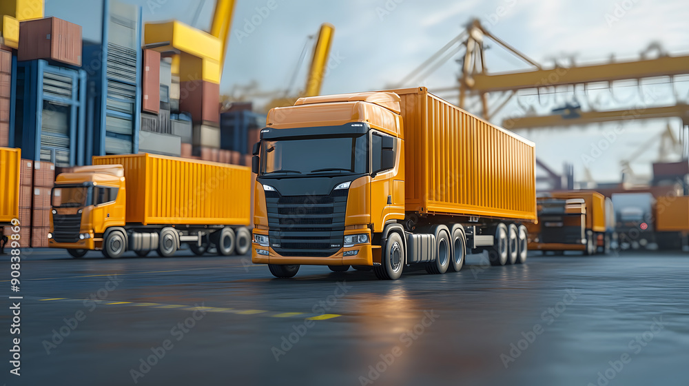 Orange trucks lined up at a busy shipping port. Orange trucks lined up at a busy shipping port.