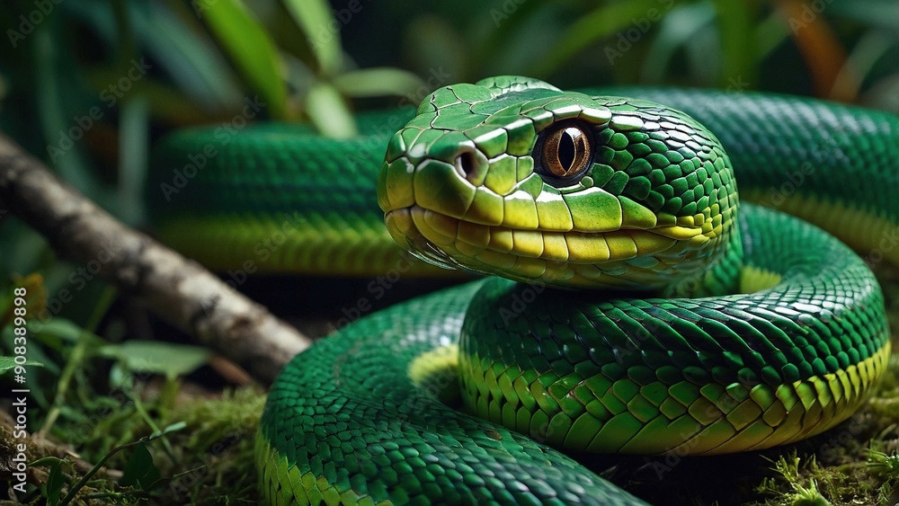 Fototapeta premium A vivid green snake is coiled elegantly