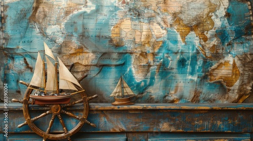 Decorative nautical scene with ship models and vintage map, perfect for travel or marine-themed projects.