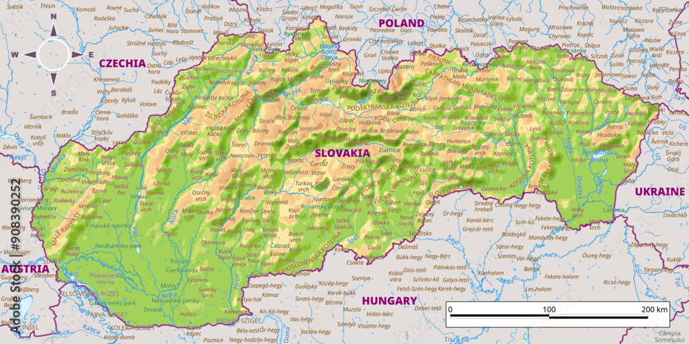 Fototapeta premium Detailed physical map of Slovakia