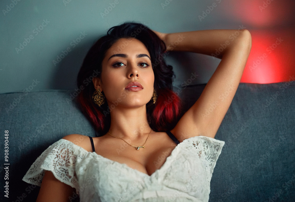 Elegant Woman Reclining on a Sofa in a Stylish Indoor Setting During Evening Elegant Woman Reclining on a Sofa in a Stylish Indoor Setting During Evening