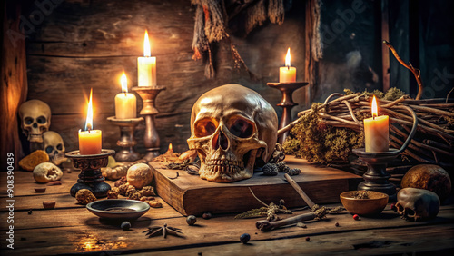 Macabre still life of a human skull surrounded by scattered bones, candles, and mysterious ancient artifacts on a worn, wooden, ornate table.