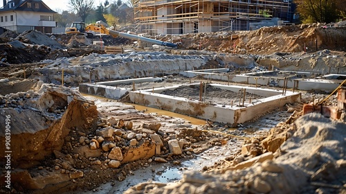 Construction site with concrete foundation and drainage system being installed for new building structure Ground excavation and site preparation are visible in the development project : Generative AI photo